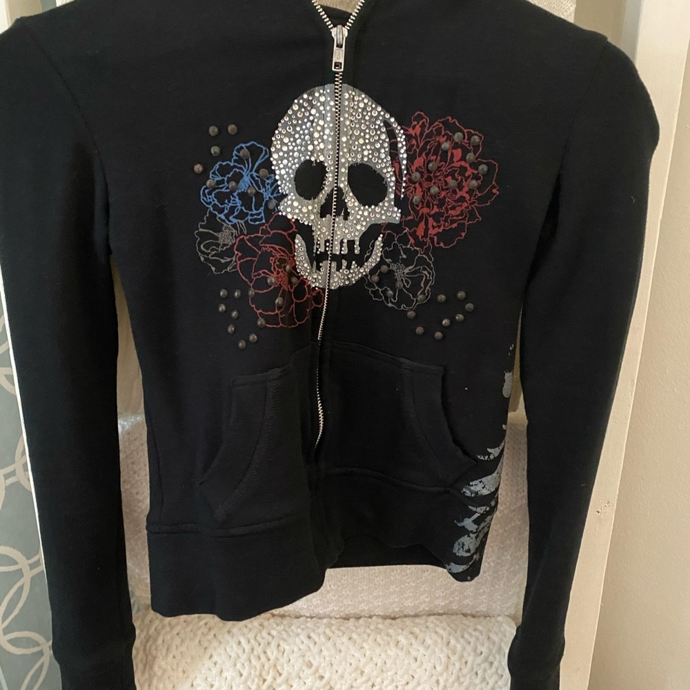 Black Rhinestone Skull Hoodie Medium